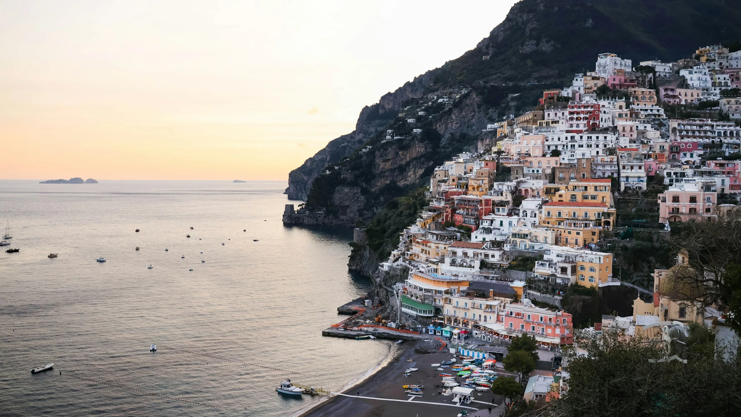 Sunlit buildings on the Amalfi Coast above the Mediterranean Sea