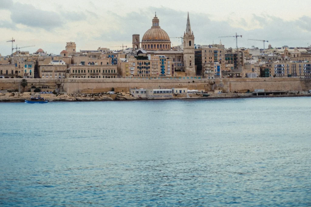 Valletta’s limestone skyline beside the Mediterranean Sea, Malta